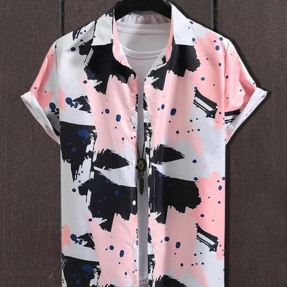 undefined Other - Pink Vacation Style Men's Splatter Print Shirt